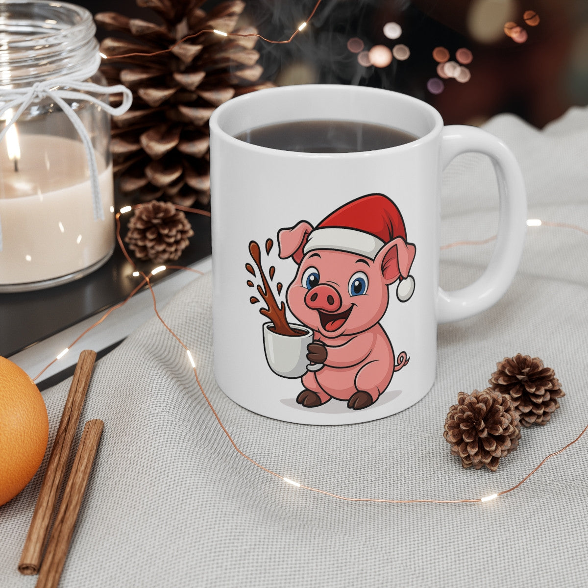 Mug Cochon Noël 325ml – Tasse Céramique Mignonne avec Bonnet Rouge – Cadeau Fêtes Original