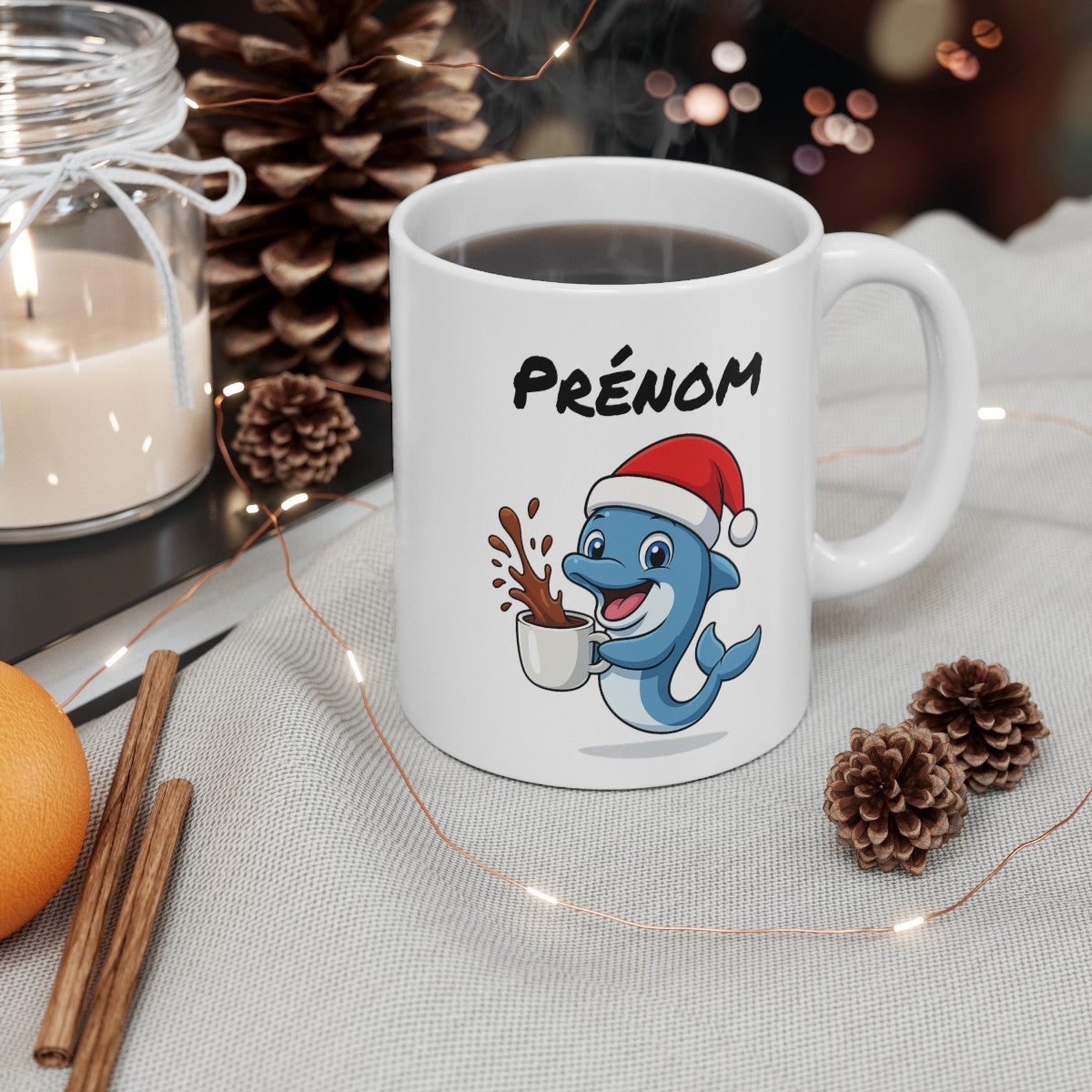 Tasse Personnalisable Dauphin Noël – Mug Prénom Céramique 325ml – Cadeau Fêtes Mignon