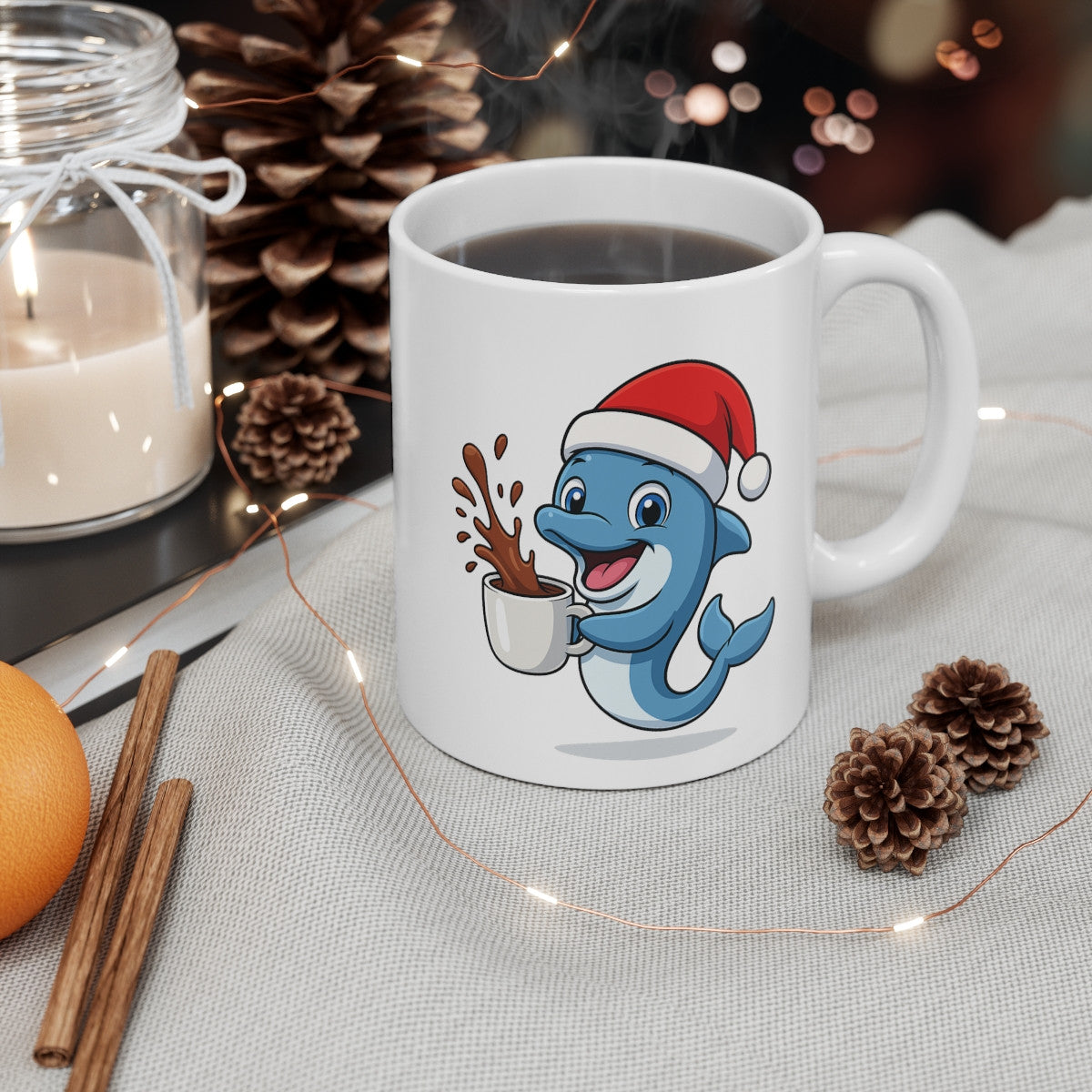 Mug Dauphin Noël 325ml – Tasse Céramique Mignonne avec Bonnet Rouge – Cadeau Fêtes Original