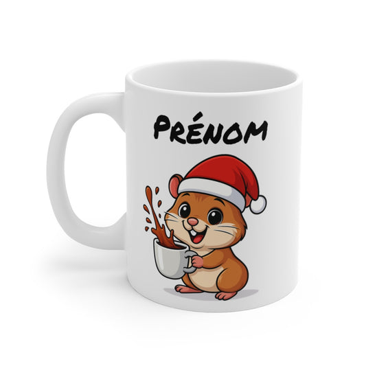 Tasse Personnalisable Hamster Noël – Mug Prénom Céramique 325ml – Cadeau Fêtes Mignon