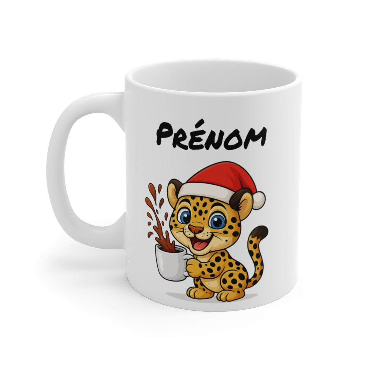 Tasse Personnalisable Léopard Noël – Mug Prénom Céramique 325ml – Cadeau Fêtes Mignon