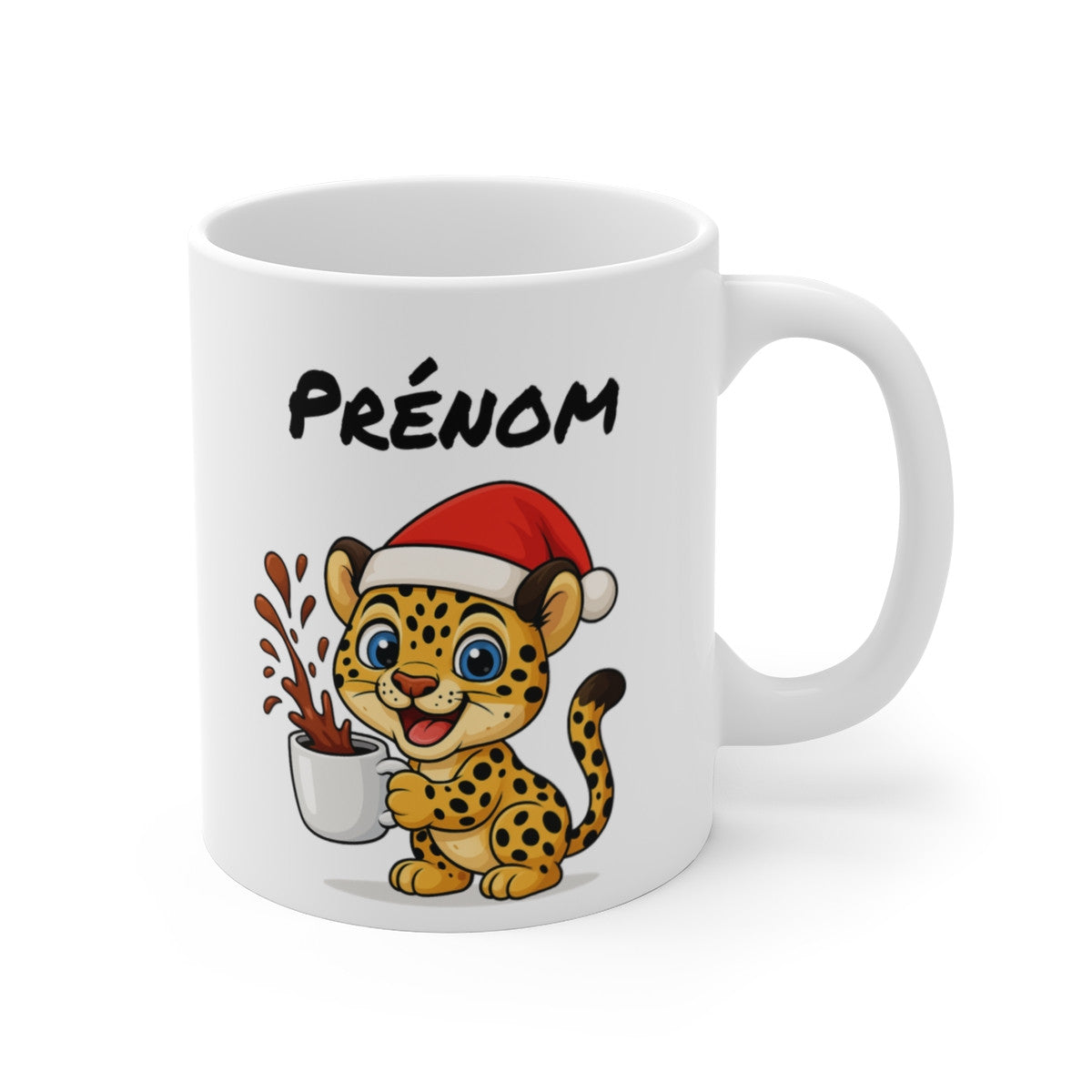Tasse Personnalisable Léopard Noël – Mug Prénom Céramique 325ml – Cadeau Fêtes Mignon