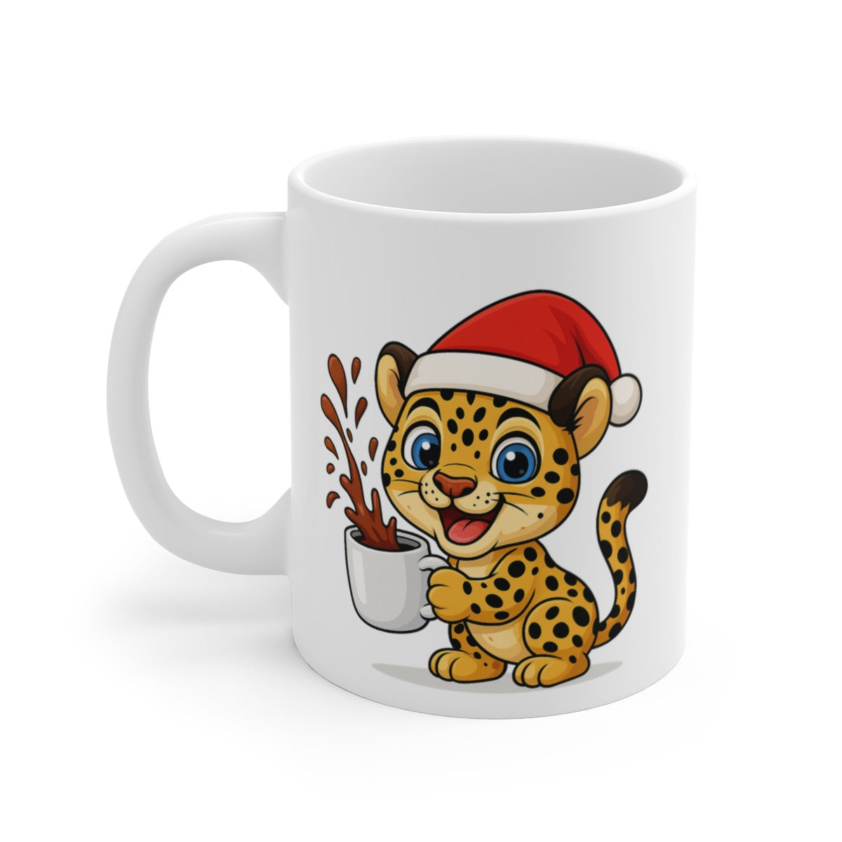 Mug Léopard Noël 325ml – Tasse Céramique Mignonne avec Bonnet Rouge – Cadeau Fêtes Original
