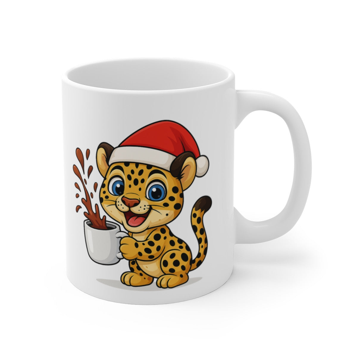 Mug Léopard Noël 325ml – Tasse Céramique Mignonne avec Bonnet Rouge – Cadeau Fêtes Original