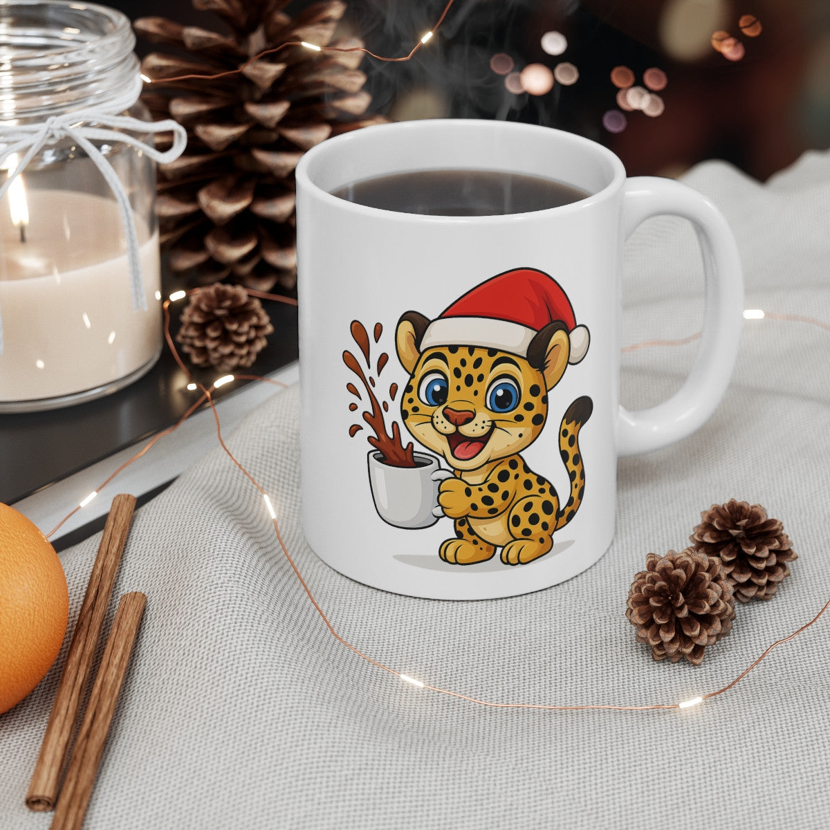 Mug Léopard Noël 325ml – Tasse Céramique Mignonne avec Bonnet Rouge – Cadeau Fêtes Original