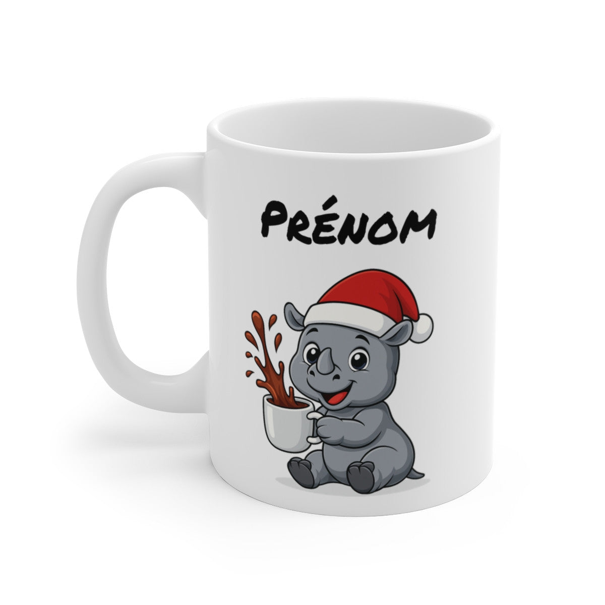 Tasse Personnalisable Bébé Rhinocéros Noël – Mug Prénom Céramique 325ml – Cadeau Fêtes