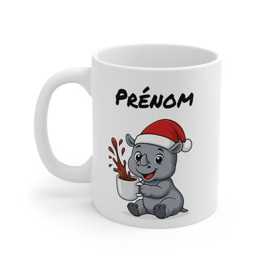 Tasse Personnalisable Bébé Rhinocéros Noël – Mug Prénom Céramique 325ml – Cadeau Fêtes
