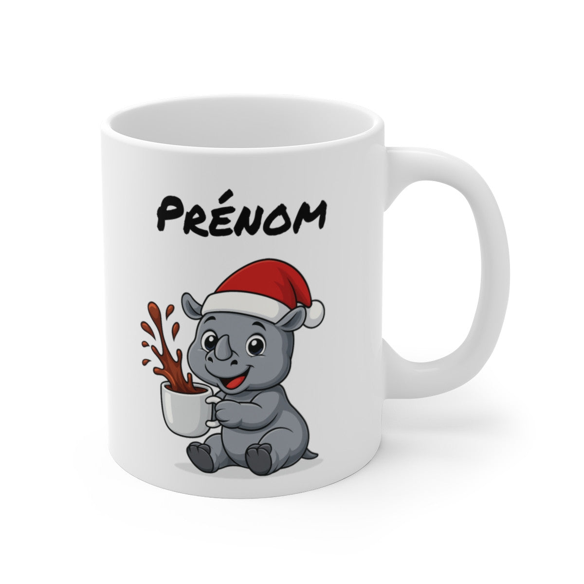 Tasse Personnalisable Bébé Rhinocéros Noël – Mug Prénom Céramique 325ml – Cadeau Fêtes