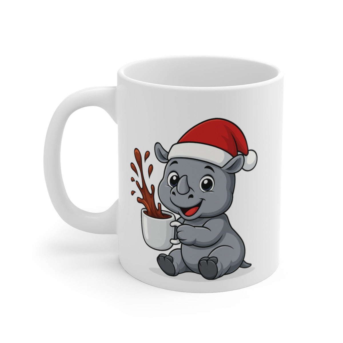 Mug Bébé Rhinocéros Noël 325ml – Tasse Céramique Mignonne avec Bonnet Rouge – Cadeau Fêtes