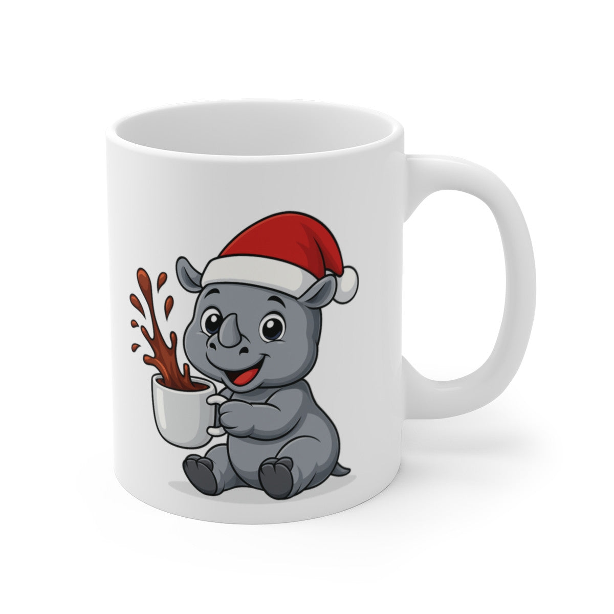 Mug Bébé Rhinocéros Noël 325ml – Tasse Céramique Mignonne avec Bonnet Rouge – Cadeau Fêtes