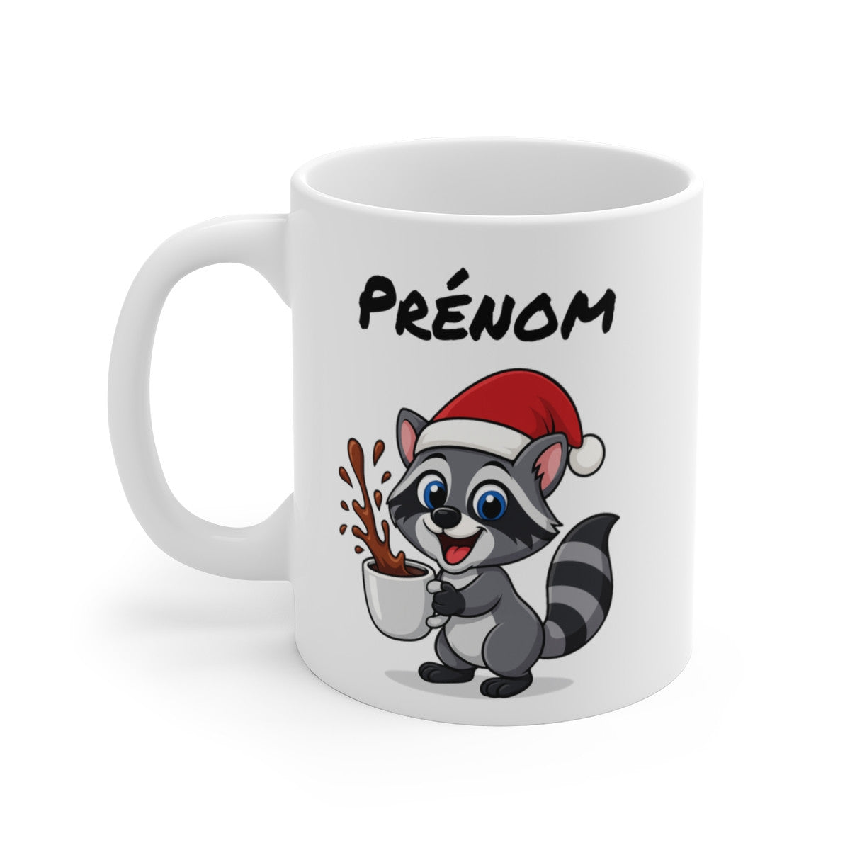 Tasse Personnalisable Raton Laveur Noël – Mug Prénom Céramique 325ml – Cadeau Fêtes Mignon