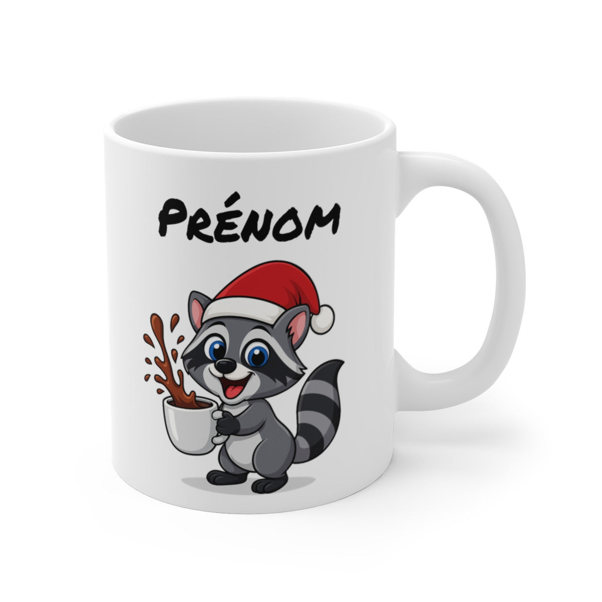 Tasse Personnalisable Raton Laveur Noël – Mug Prénom Céramique 325ml – Cadeau Fêtes Mignon