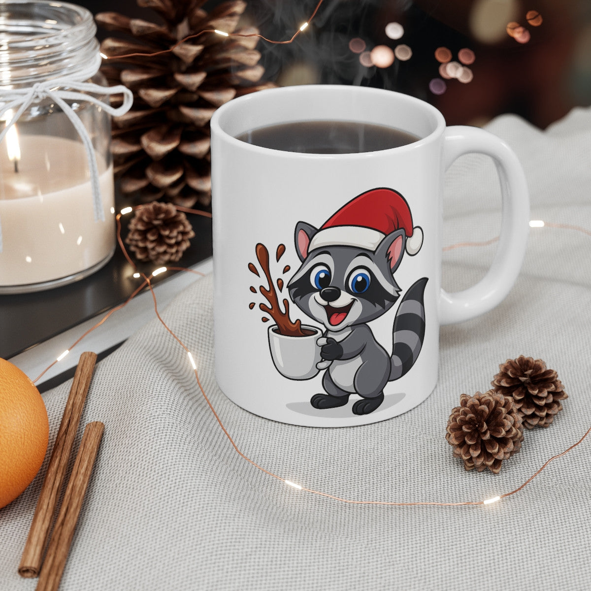 Mug Raton Laveur Noël 325ml – Tasse Céramique Mignonne avec Bonnet Rouge – Cadeau Fêtes