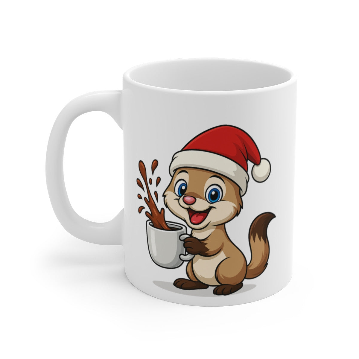 Mug Furet Noël 325ml – Tasse Céramique Mignonne avec Bonnet Rouge – Cadeau Fêtes Original
