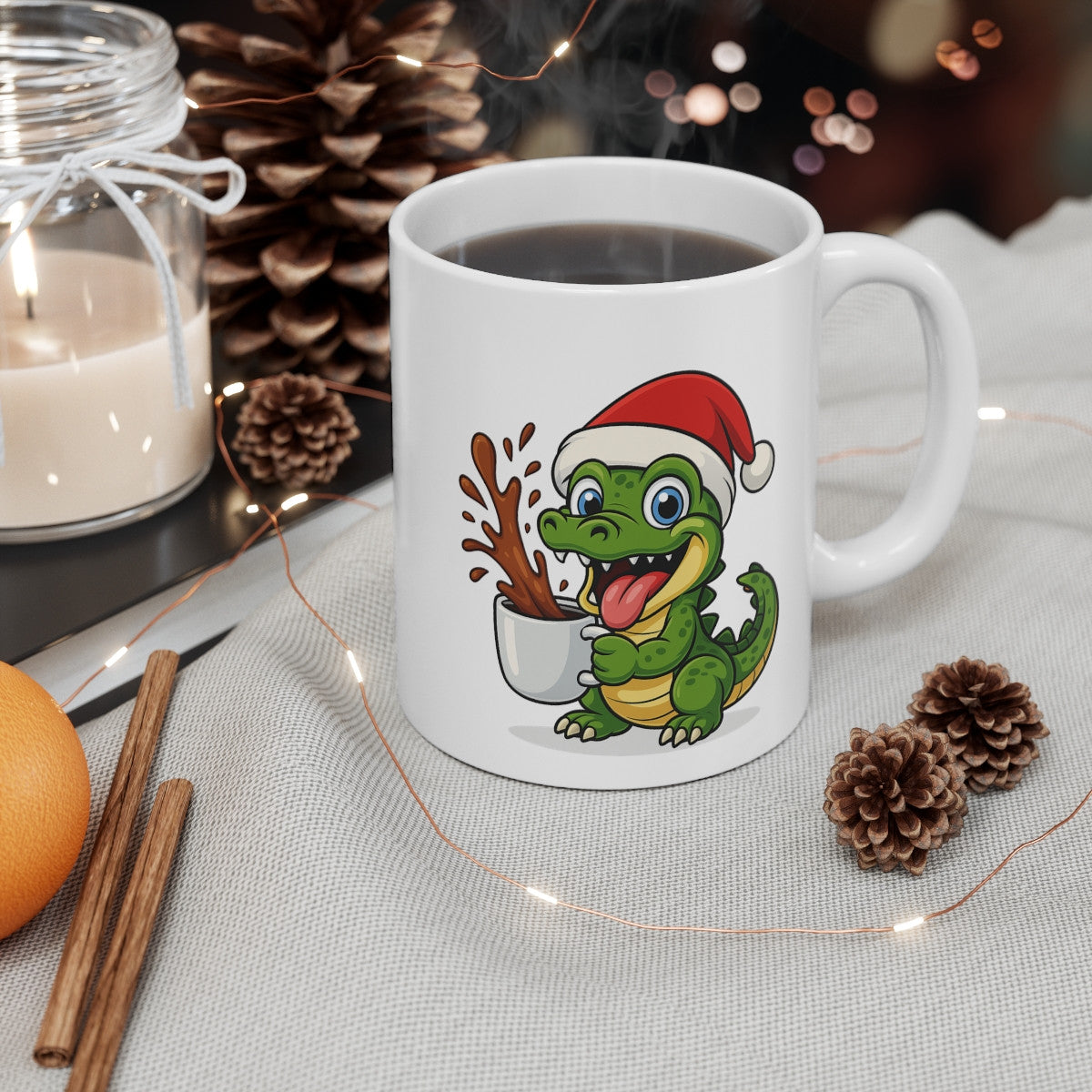Mug Crocodile de Noël – Tasse Céramique 325ml – Cadeau Fêtes Original –
