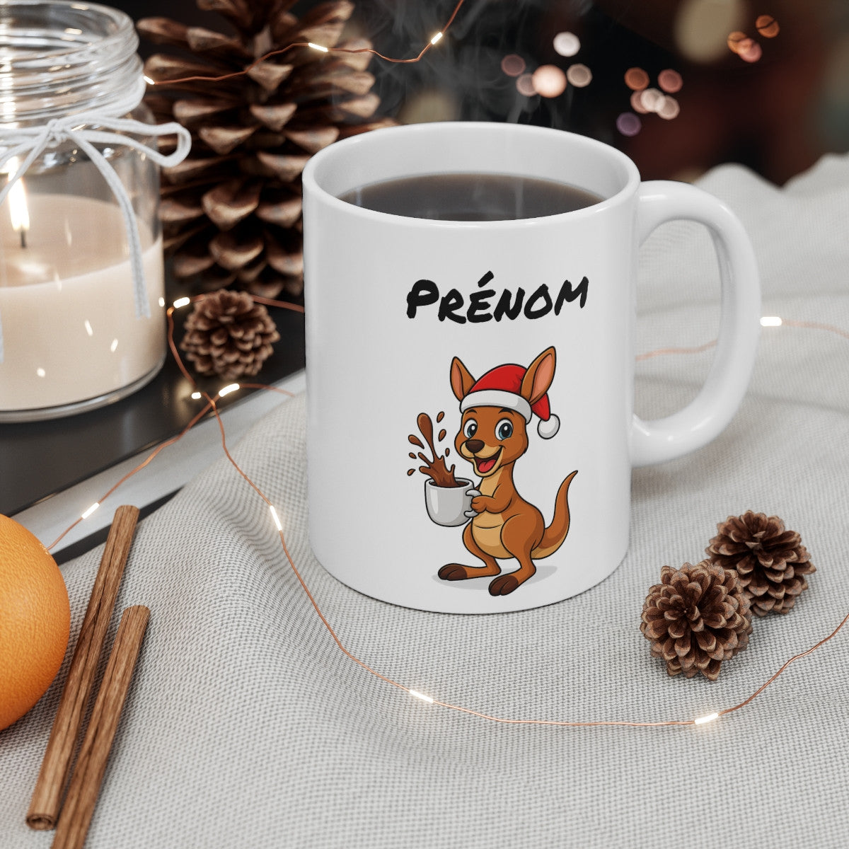 Tasse Personnalisable Kangourou Noël – Mug Prénom Aquarelle – Cadeau Animal Mignon Fêtes 325 ml