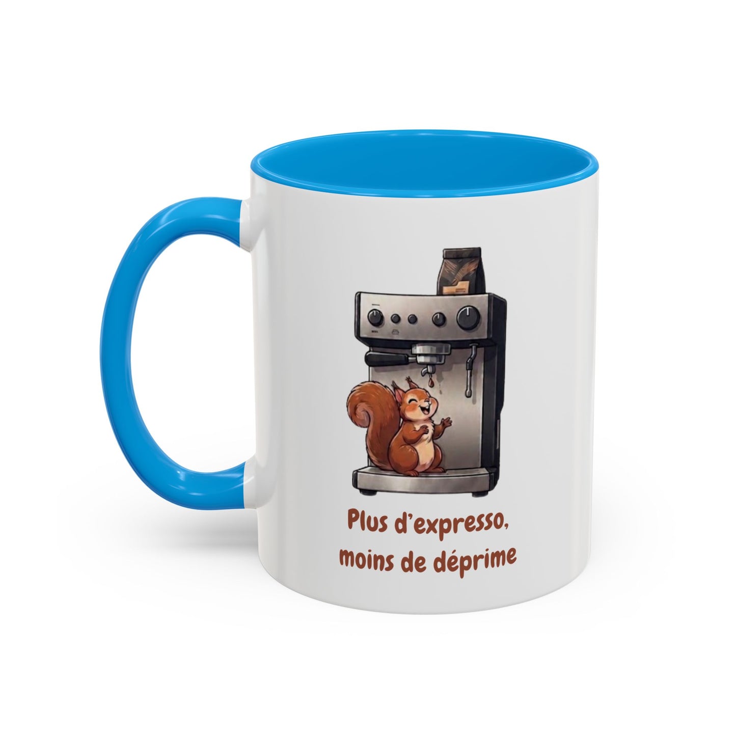 Tasse Drôle Café Plus d'Expresso Moins de Déprime – Mug Écureuil Machine à Café Homme Femme – Cadeau Amateur de Café Expresso Barista 325 ml