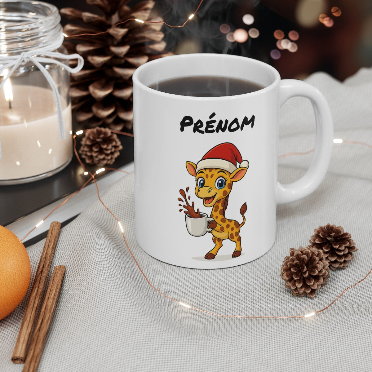 Tasse Personnalisable Girafe Noël – Mug Prénom Aquarelle – Cadeau Animal Mignon Fêtes 325 ml