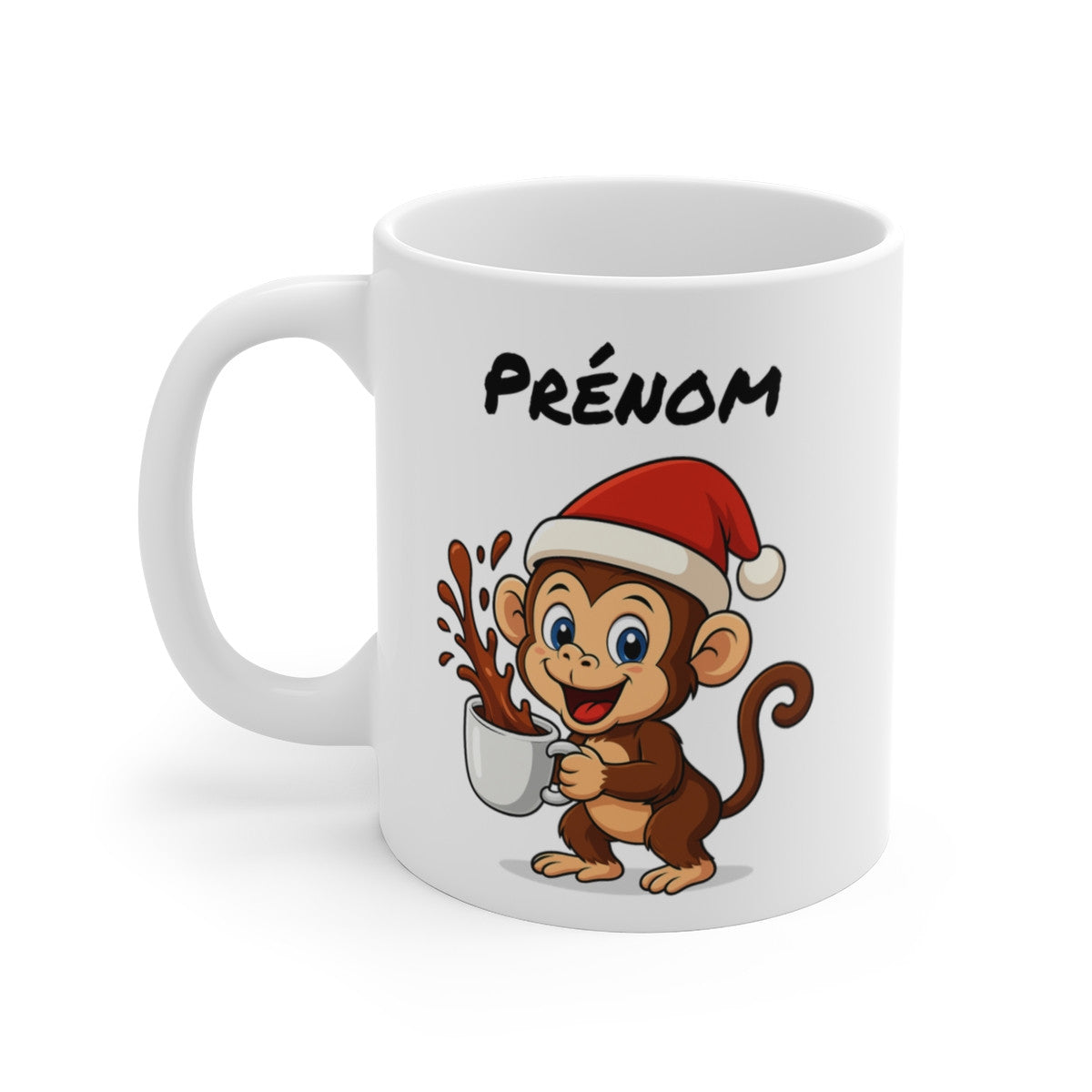 Tasse Personnalisable Singe Noël – Mug Prénom Aquarelle – Cadeau Animal Mignon Fêtes 325 ml