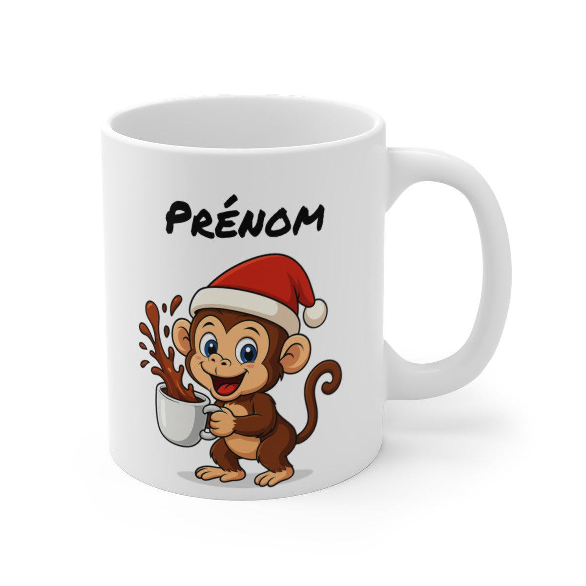 Tasse Personnalisable Singe Noël – Mug Prénom Aquarelle – Cadeau Animal Mignon Fêtes 325 ml