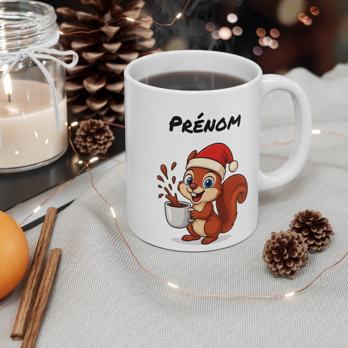 Tasse Personnalisable Écureuil Noël – Mug Prénom Aquarelle – Cadeau Animal Mignon Fêtes 325 ml