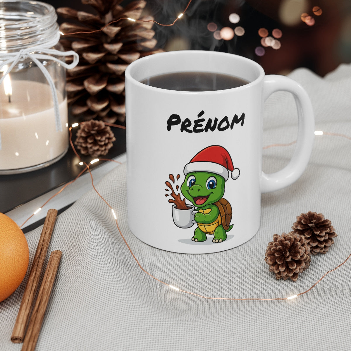 Tasse Personnalisable Tortue Noël – Mug Prénom Aquarelle – Cadeau Animal Mignon Fêtes 325 ml