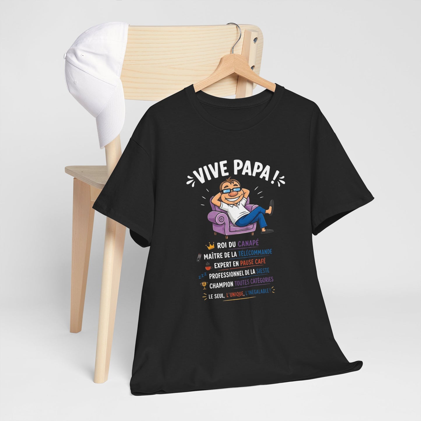 T-Shirt Vive Papa Homme – Tee Shirt Humour Papa Canapé Télécommande – Cadeau Fête des Pères Papa Cool Noir Blanc Gris