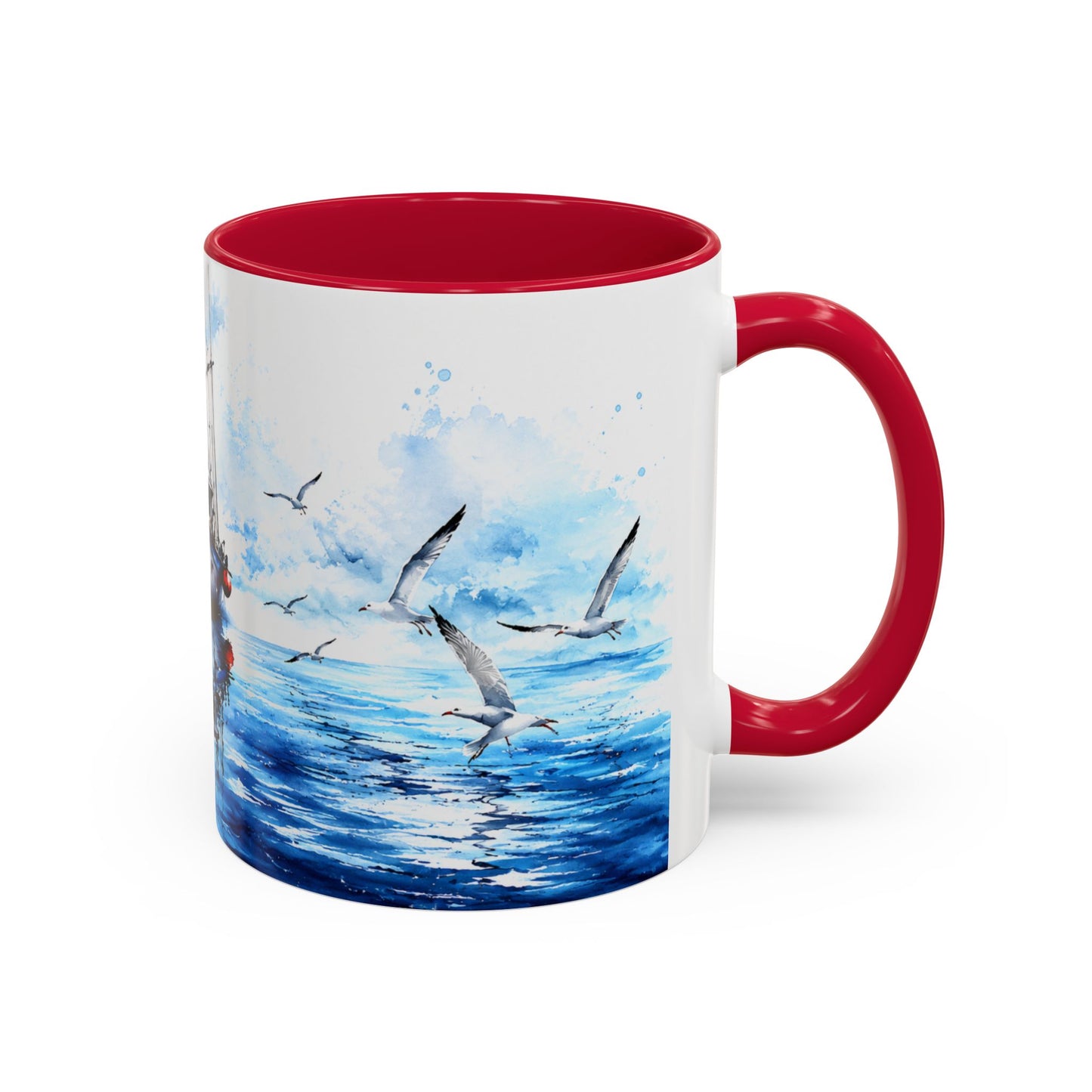 Tasse Bateau Marin – Mug Océan Aquarelle avec Mouettes – Cadeau Mer Pêche Homme Femme 325ml