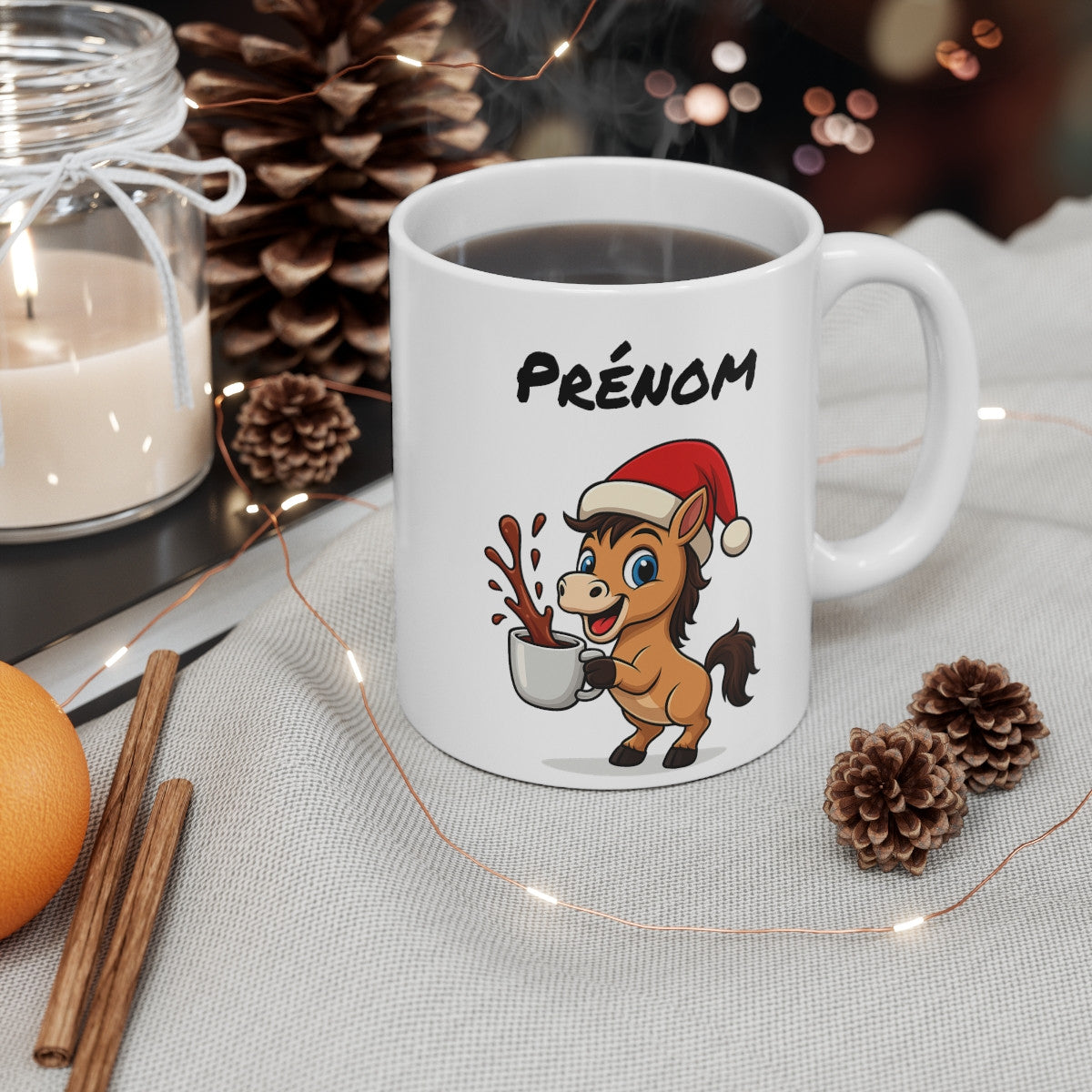 Mug Céramique 325 ml Cheval de Noël – Tasse Personnalisable avec Prénom – Cadeau Fêtes Équestre