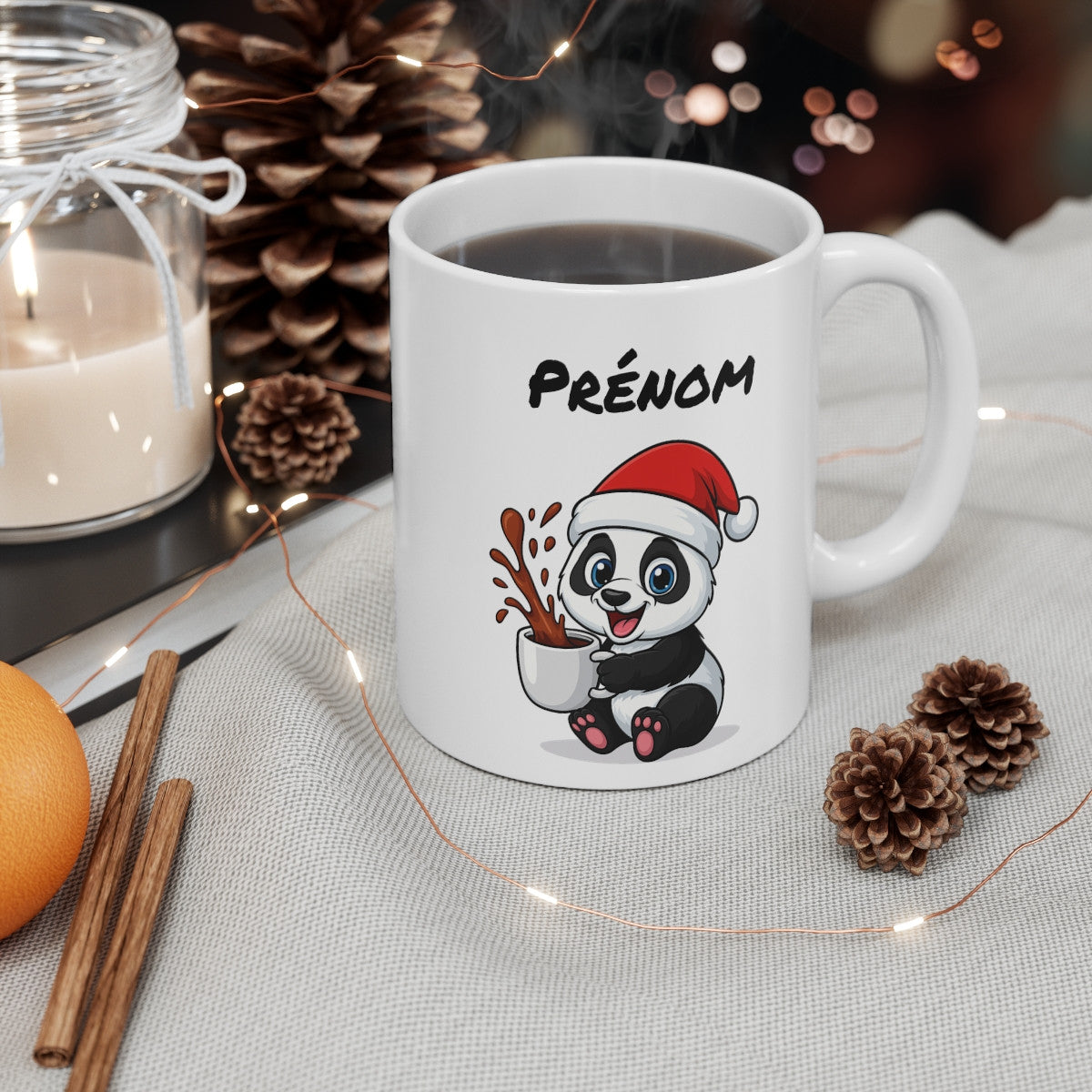 Tasse Personnalisable Panda Noël – Mug Prénom Cacao – Cadeau Hiver Mignon Céramique 325 ml