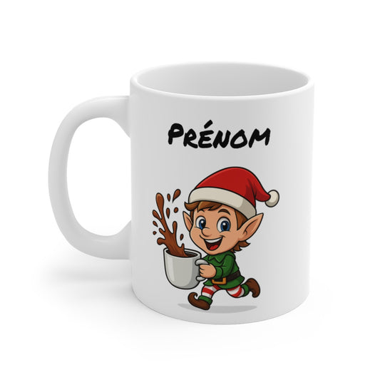 Tasse Personnalisable Lutin Noël – Mug Prénom Cacao – Cadeau Hiver Mignon Céramique 325 ml
