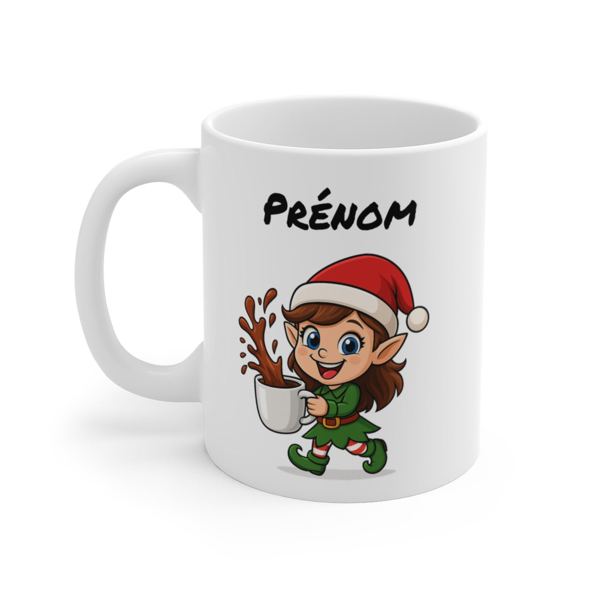 Tasse Personnalisable Lutine Noël – Mug Prénom Cacao – Cadeau Hiver Mignon Céramique 325 ml