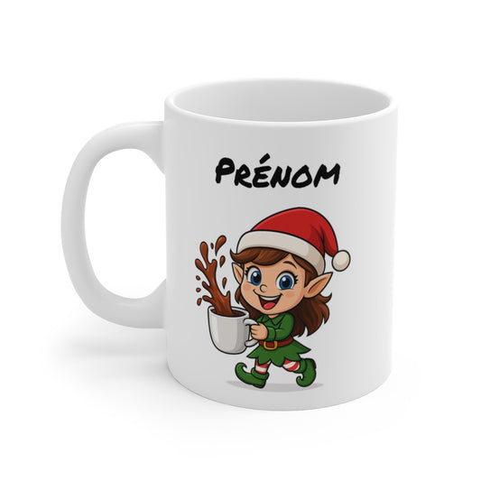 Tasse Personnalisable Lutine Noël – Mug Prénom Cacao – Cadeau Hiver Mignon Céramique 325 ml