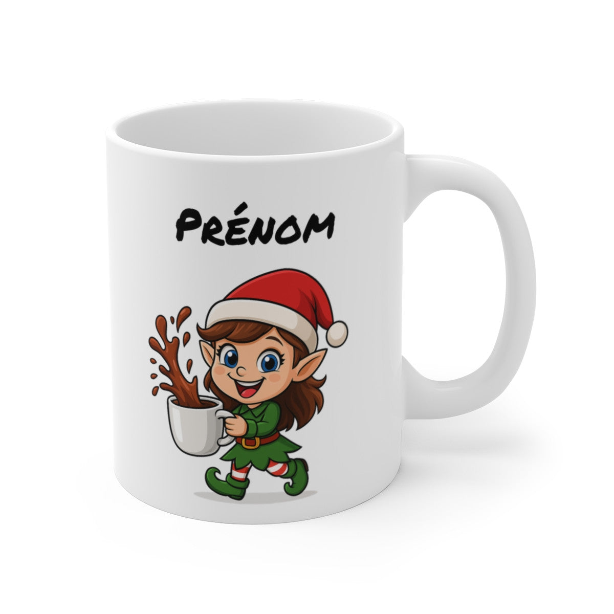 Tasse Personnalisable Lutine Noël – Mug Prénom Cacao – Cadeau Hiver Mignon Céramique 325 ml