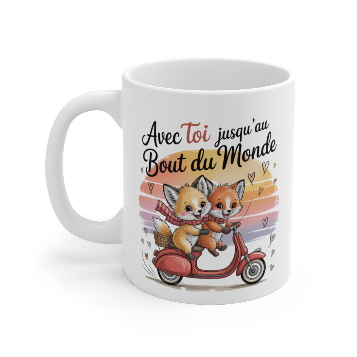 Tasse Céramique 325 ml Renards Amoureux sur Scooter – Mug Cadeau Couple Romantique Avec Toi Jusqu’au Bout du Monde