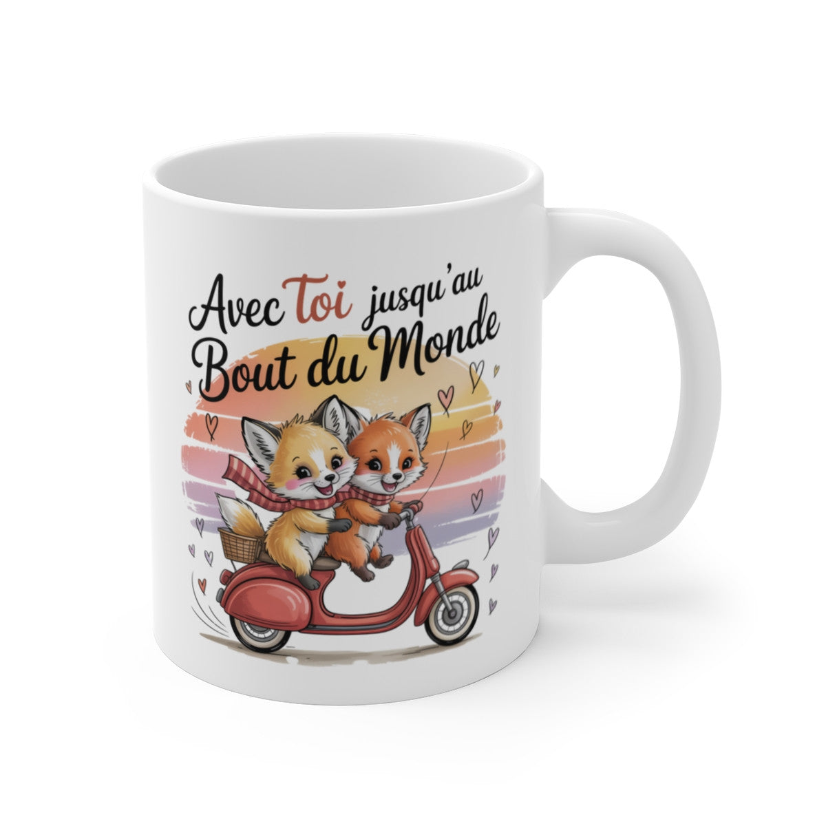 Tasse Céramique 325 ml Renards Amoureux sur Scooter – Mug Cadeau Couple Romantique Avec Toi Jusqu’au Bout du Monde