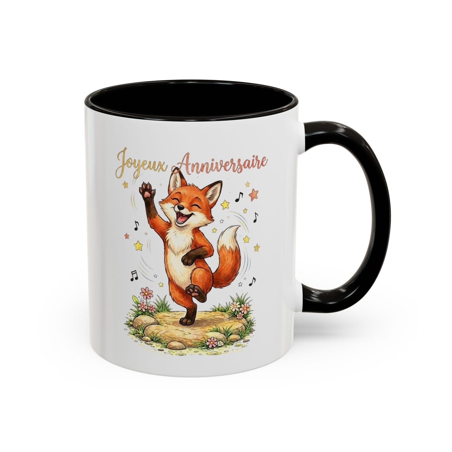 Mug Anniversaire Renard – Tasse Cadeau Anniversaire Original – Renard  Dansant – Homme et Femme , Enfant , Noir Bleu Rouge