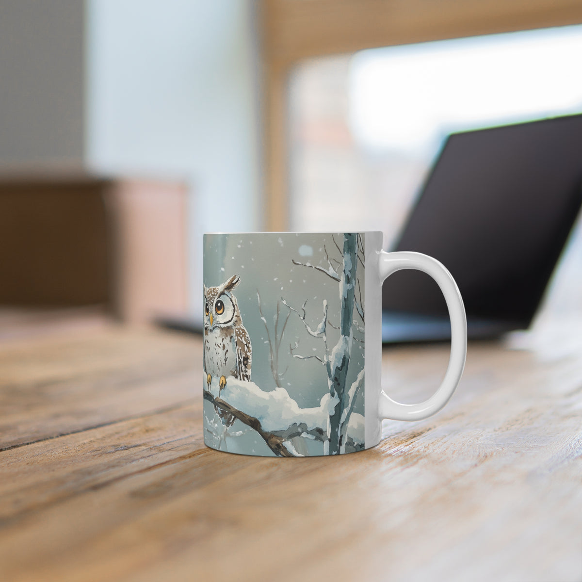Mug Hiboux dans la Neige – Tasse Hiver Forêt Enneigée Style Aquarelle – Cadeau Original Noël Amoureux des Oiseaux