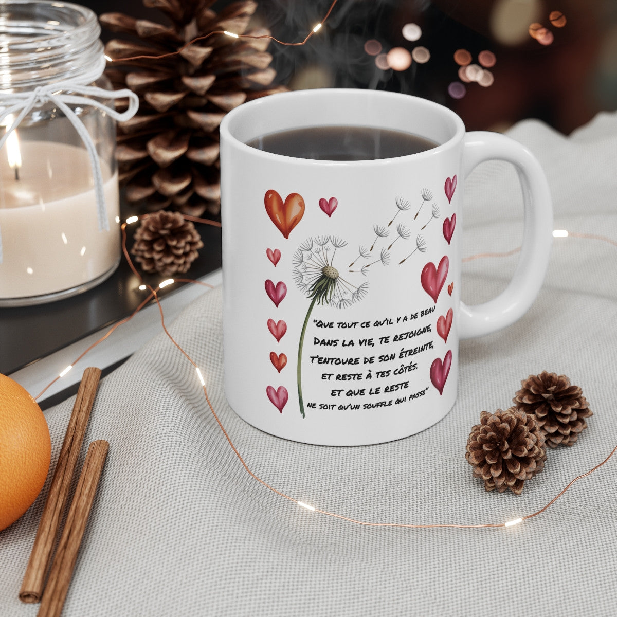 Tasse Céramique 325 ml Pissenlit et Cœurs – Mug Romantique Nature Poétique