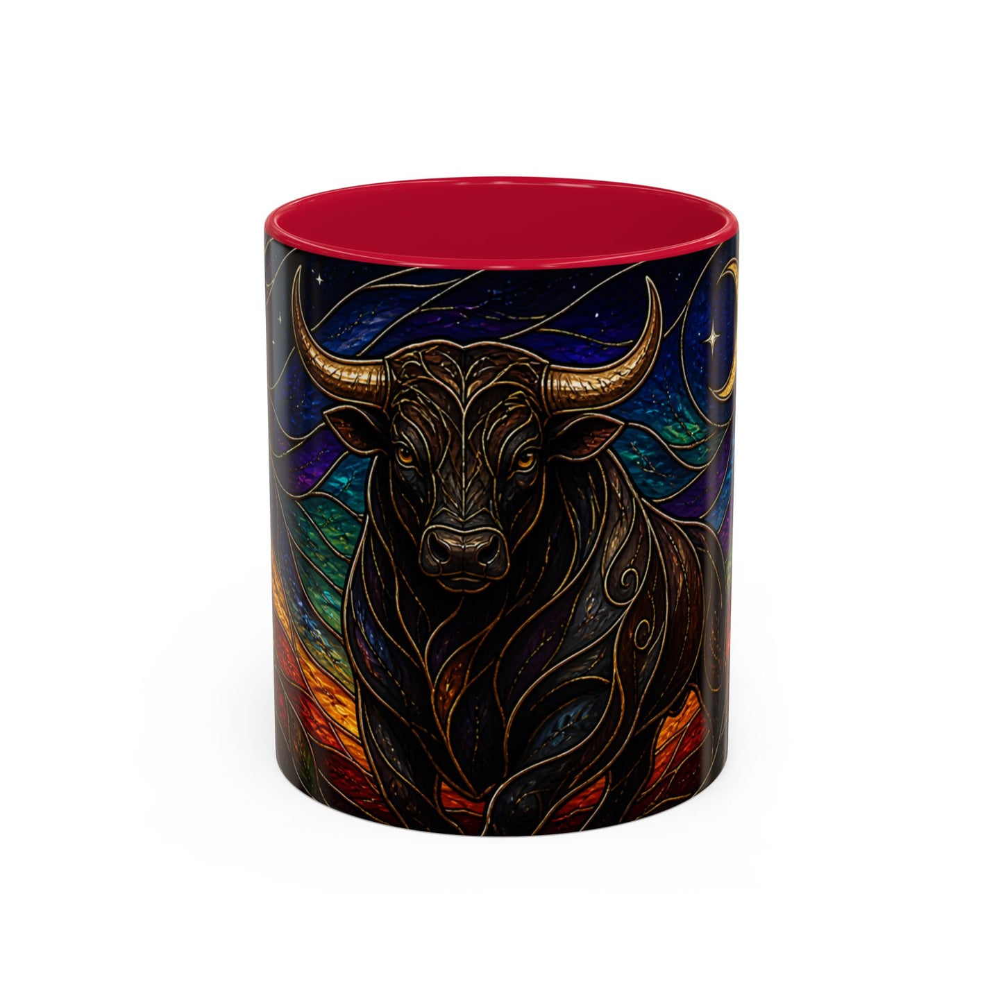 Tasse Taureau Style Vitrail – Mug Artistique Multicolore avec Lune et Taureau Mystique – Céramique 325ml
