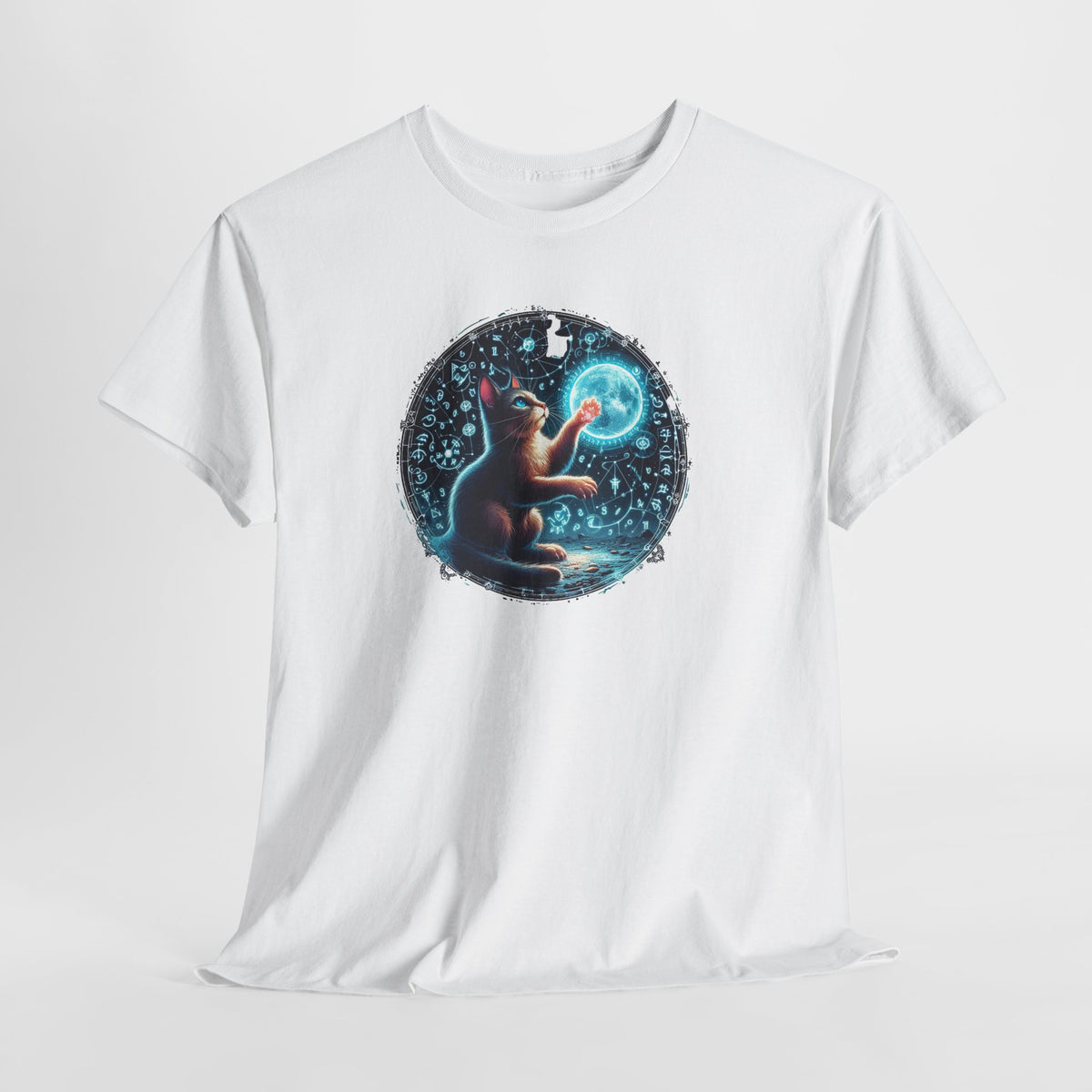 Tee Shirt Chat Mystique Homme Femme – T-Shirt Chat Lune Magique – Univers Astral Ésotérique – Design Fantastique Bleu