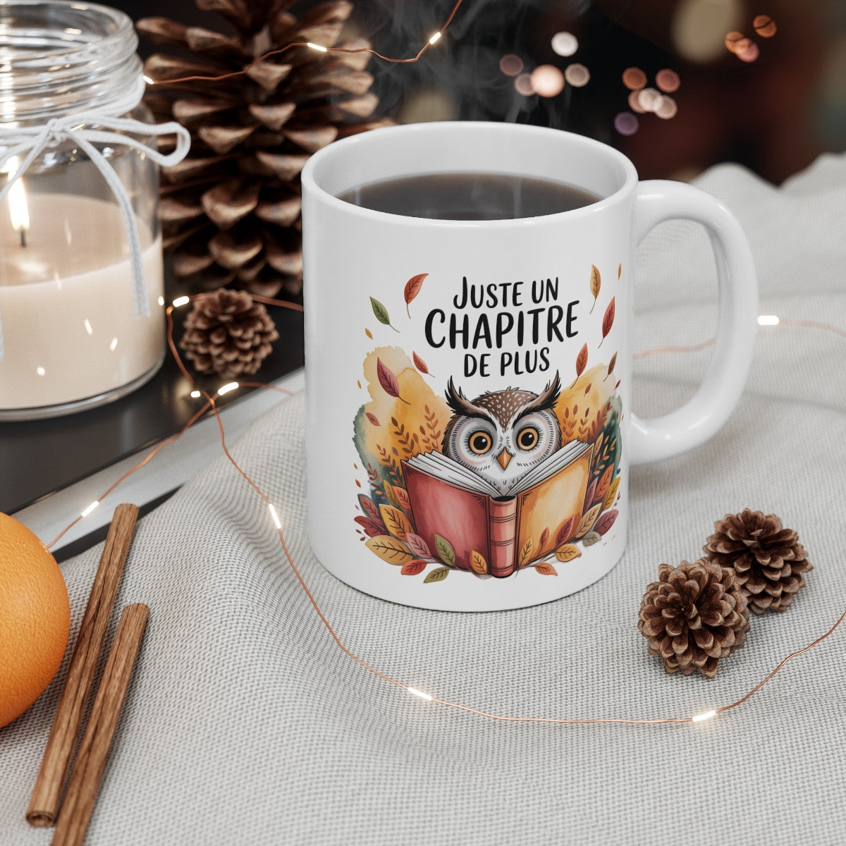 Tasse Céramique 325 ml Juste un Chapitre de Plus – Mug Hibou Lecteur Livre Automne