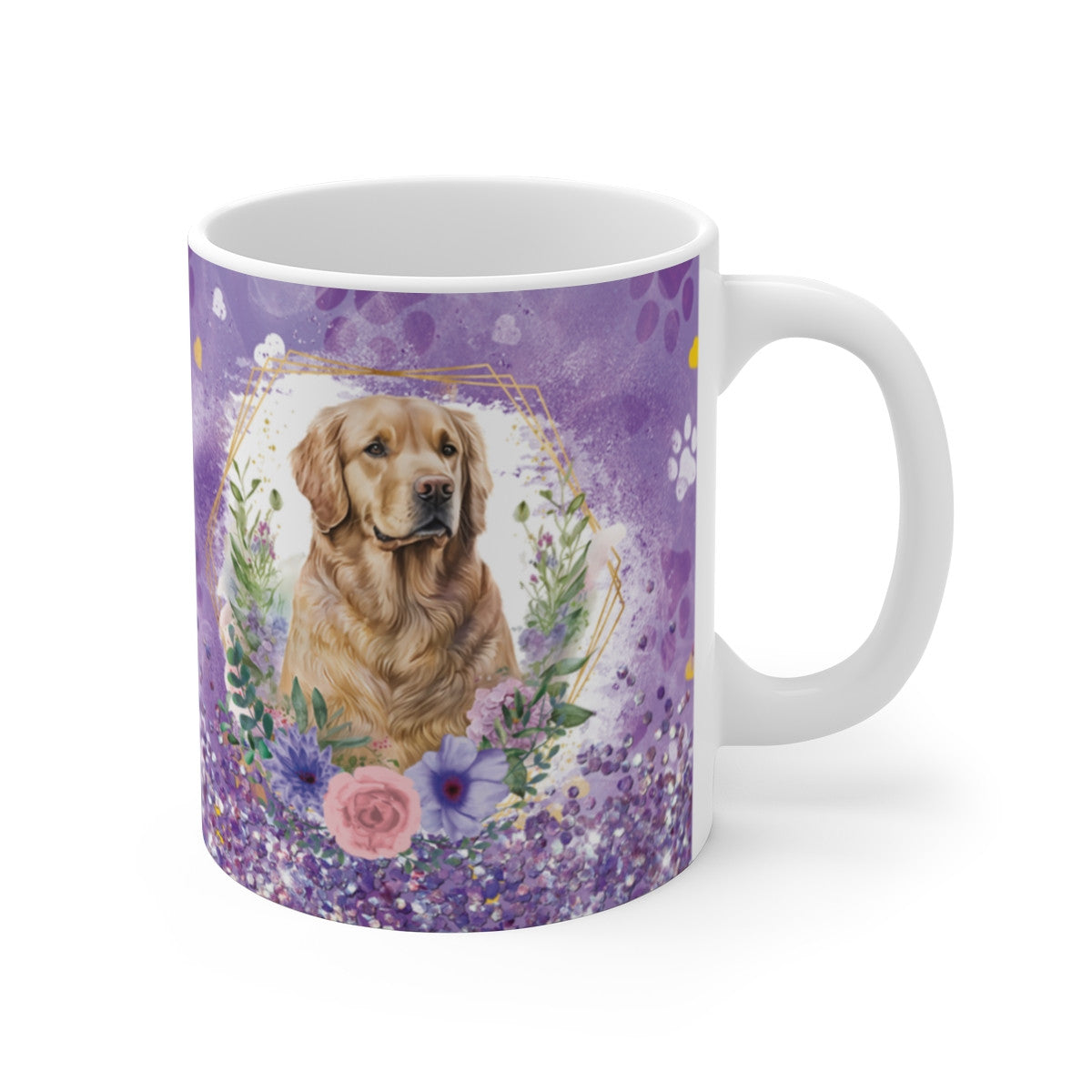 Tasse Céramique 325 ml Golden Retriever Fleurs – Mug Motif Complet Violet