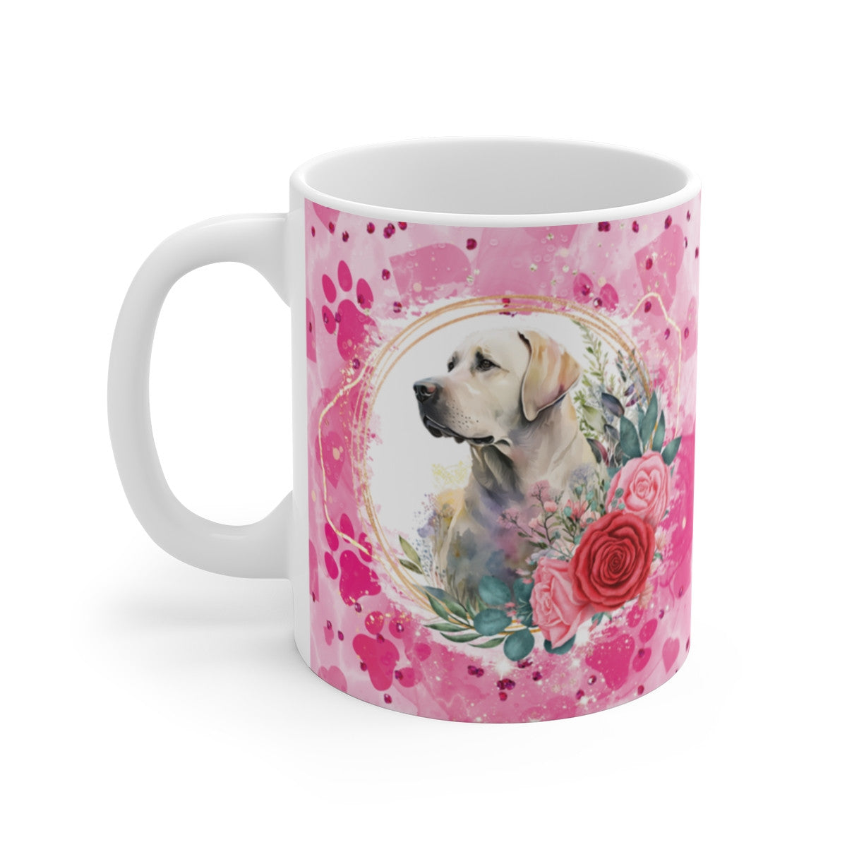 Tasse Céramique 325 ml Labrador Fleurs Roses – Mug Chien Portrait Aquarelle – Cadeau Amoureux des Animaux