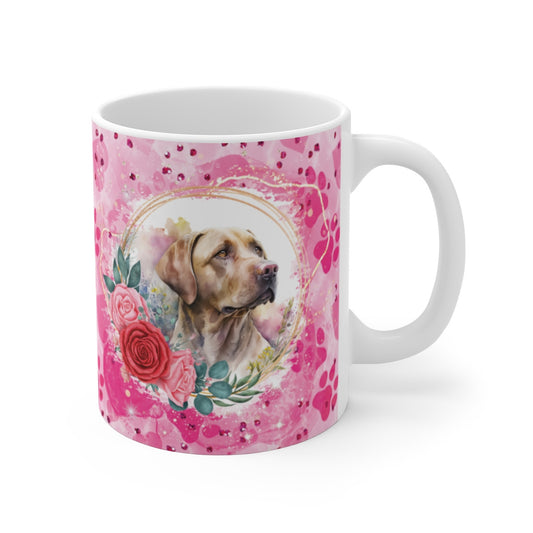 Tasse Céramique 325 ml Labrador Fleurs Roses – Mug Chien Portrait Aquarelle – Cadeau Amoureux des Animaux