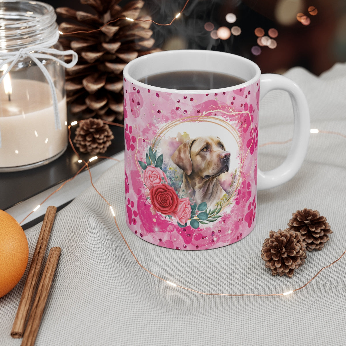 Tasse Céramique 325 ml Labrador Fleurs Roses – Mug Chien Portrait Aquarelle – Cadeau Amoureux des Animaux