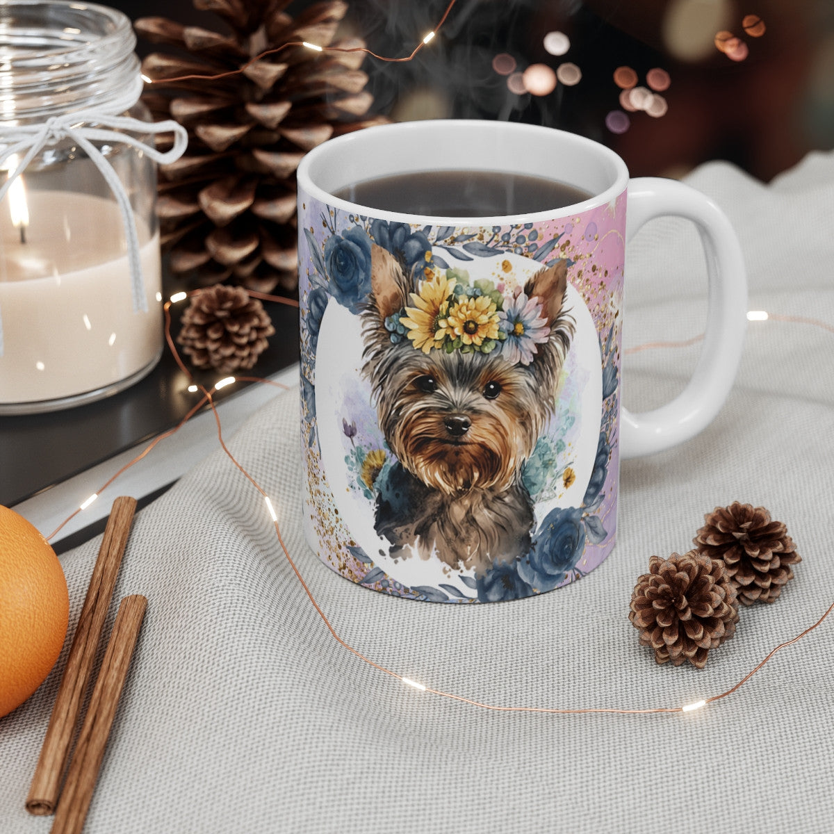 Tasse Céramique 325 ml Yorkshire Terrier Fleurs – Mug Chien Aquarelle Plein Motif – Cadeau Amoureux des Yorkies