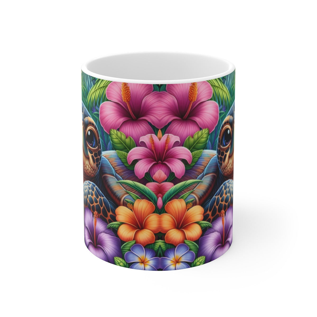 Tasse Céramique 325 ml Tortue de Mer Fleurs Tropicales – Mug Plein Motif Hibiscus Coloré – Cadeau