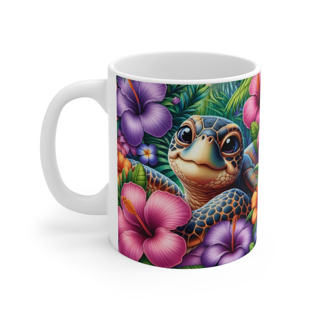Tasse Céramique 325 ml Tortue de Mer Fleurs Tropicales – Mug Plein Motif Hibiscus Coloré – Cadeau
