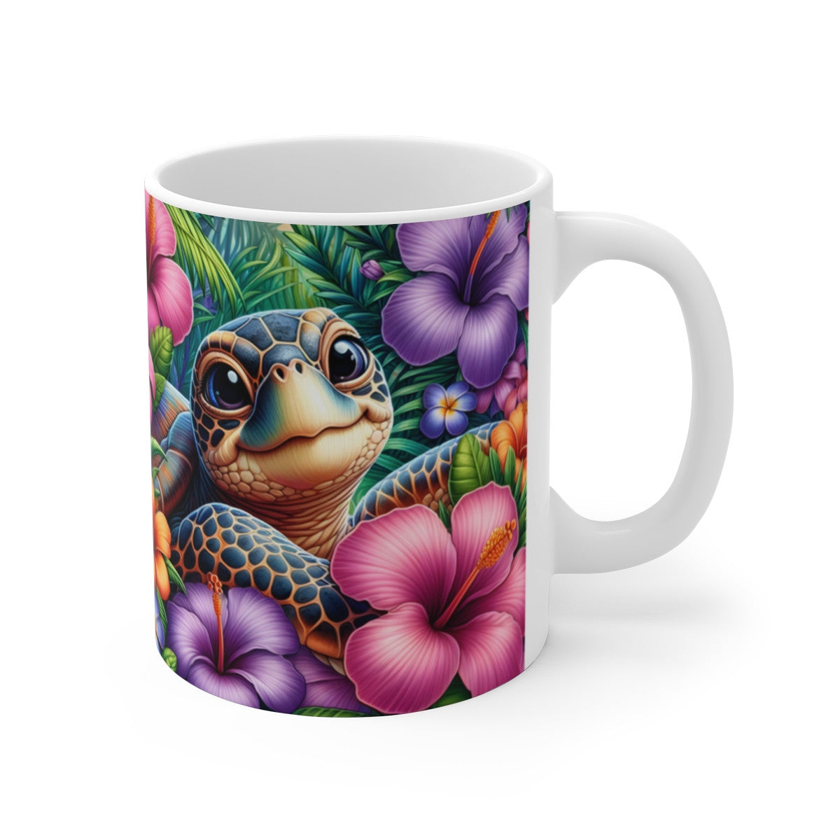 Tasse Céramique 325 ml Tortue de Mer Fleurs Tropicales – Mug Plein Motif Hibiscus Coloré – Cadeau